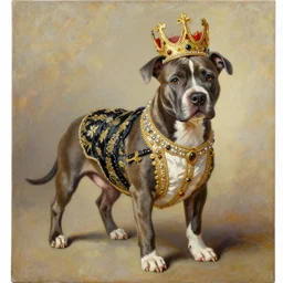 the royal king's pitbull by greg hildebrant lisa frank fancy rococo baroque regal canine dog puppy oil painting high quality award winning clothed in fancy garb