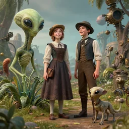 detailed, sharp, a girl and a boy standing next to some alien plants, looking happy, wearing 1890s era clothes, their small pet alien creature is standing nearby, in a park on an alien planet, steampunk, extremely highly detailed, hyperrealistic, octane render, 8k, HD, good lighting