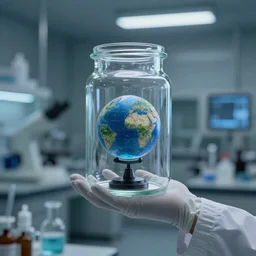 a scientist holding a jar, inside the jar is a tiny globe!!!!!!!!!!, in a laboratory, digital art, greg rutkowski, artstation