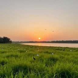 a beautiful grassy meadow at sunset, birds, lake, by alena aenami, digital art, concept art, trending on artstation