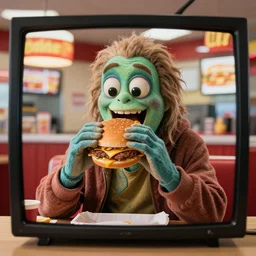 the strange creature eats a cheeseburger, at the fast food restaurant, television commercial, studio lighting, extremely professional