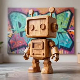 octane render ultra photo realistic, wood carving cute robot graffiti wooden cyberpunk contemporary art gallery