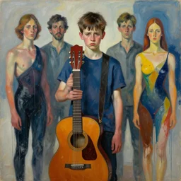 portrait of nervous boy with acoustic guitar standing next, vincent lefevre and hernan bas and pat steir and hilma af klint, psychological, photorealistic, dripping paint, washy brush, rendered in octane, altermodern, masterpiece