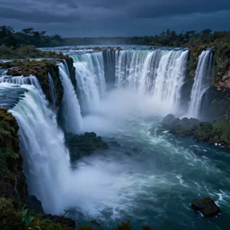 landscape with multiple huge waterfalls, night time, fantasy art, hyperrealistic, octane render, trending on artstation, concept art, artstationHD, artstationHQ, unreal engine, 8k