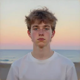 a teen guy with a mullet, portrait, sunset, ocean in distance, oil painting, pale colors, high detail, 8 k, wide angle, trending on artstation,