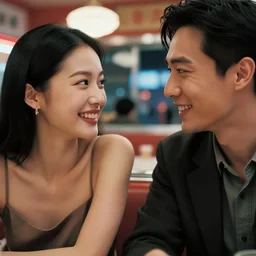 movie interior closeup beautiful Chinese fashion model couple closeup joking at 50s diner, night in the city, beautiful skin, by Emmanuel Lubezki