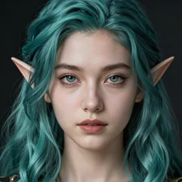 centered detailed portrait of a extremely beautiful young woman and elves hybrid, symmetrical, long wavy teal hair, sharp focus on the eyes, final fantasy, details, intricate, octane render, smooth face, illustration, hyperrealistic, by wlop and dmitry prozorov, artgerm, artstation,