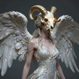 surrealistic, portrait of a fallen angel, iridescent detail, 3 / 4 profile beautiful sideways, 6 - winged goddess, glowing intricate phoenix ram skull mask, created by tooth wu and wlop. octane rendering, popular on artstation, greg rutkowski film, surreal, high detail, octane rendering, 8 k,