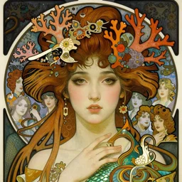 realistic detailed face portrait of an elaborately dressed beautiful young mermaid geisha with coral reef hair by alphonse mucha, ayami kojima, amano, charlie bowater, karol bak, greg hildebrandt, jean delville, and mark brooks, art nouveau, neogothic, gothic, rich deep moody colors, coral reef by ernst haeckel, character concept design