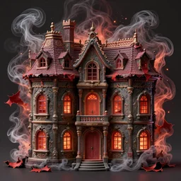 symmetrical features, ominous, magical realism, texture, intricate, ornate, royally decorated, body format, windows, many doors, roofs, complete house, whirling smoke, embers, red adornements, red torn fabric, radiant colors, fantasy, trending on artstation, volumetric lighting, micro details, 3 d sculpture, ray tracing, 8 k