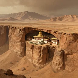 Buddhist monastery on Mars, nestled in a Martian cliffside, wide shot, cinematic, epic, mountain range, volumetric, detailed, concept artwork by Thomas Cole and Tim Hildebrandt