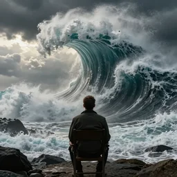 man sitting on a chair looking at mega tsunami waves, massive storm, cinematic, hyper realistic, dramatic light, epic clouds, apocalyptic, john martin, michael bay