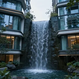 outdoor design, a small waterfall between two glass residentials, waterfall from the top of the residentials, cinematic lighting, smooth, high details, realistic