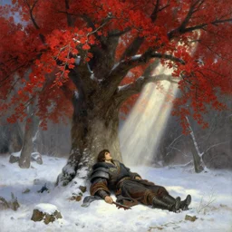 a male warrior relaxing under a huge tree with red flowers, god ray, ground covered with snow, extreme long shot, fantasy, painting by gaston bussiere, craig mullins, j. c. leyendecker, trending on artstation
