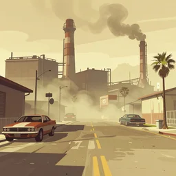 a gta 5 course art dusty hazey day with smog and factory smoke, drawn in sharp vectors in a stylish modern hand drawn artist, trending on artstation, featured on deviantart