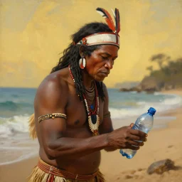 beautiful oil matte painting, amazon indigenous tribe leader finding a plastic bottle at the shore, wonderful masterpiece highly detailed, beautiful cinematic light deep focus, elegant, digital painting, smooth, sharp focus, golden ratio, dramatic illumination, ultra realistic, 8 k, art by artemisia lomi gentileschi and caravaggio