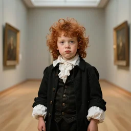 museum painting, wide shot, 1 7 years old boy, auburn red curly hair, messy, mischievous face, dressed in 1 8 th century clothes, black, white, in a class, sharp focus, highly detailed, matte painting, leyendecker, artgerm, rutkowski