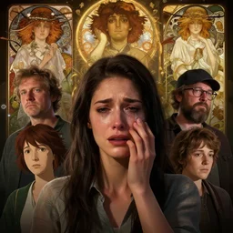 highly detailed vfx portrait of a woman crying, unreal engine, greg rutkowski, loish, rhads, beeple, makoto shinkai and lois van baarle, ilya kuvshinov, rossdraws, tom bagshaw, alphonse mucha, global illumination, detailed and intricate environment