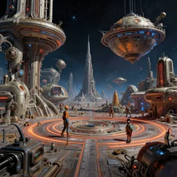 maximalist detailed space scene lowbrow scifi artwork by kidsquidy influenced by glenn brown. ray tracing hdr polished sharp