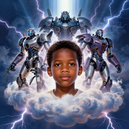 upper half portrait of an african boy inside a group of clouds, mecha robots behind him - surrounded by bolts of lightning with rays of light emanating from clouds - in drew struzan movie poster style, art by drew struzan, highly detailed, digital painting, ray tracing, illustration, smooth, sharp focus, intricate, symmetry, artstation,