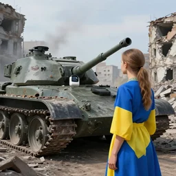 ukrainian girl, in blue and yellow clothes, looking on putin on tank with washing machine in ruined city, concept art, trending on artstation, highly detailed, intricate, sharp focus, digital art, 8 k