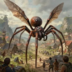 a monster spider with wings attacking a village full of people, digital painting, mixed media, trending on artstation and deviantart, epic composition, highly detailed, 8 k