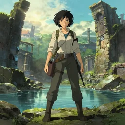 a full body portrait of a woman explorer exploring lost ruins, sun lighting, water, finely detailed features, perfect art, at an ancient city, gapmoe yandere grimdark, trending on pixiv fanbox, painted by greg rutkowski makoto shinkai takashi takeuchi studio ghibli, emerald herald