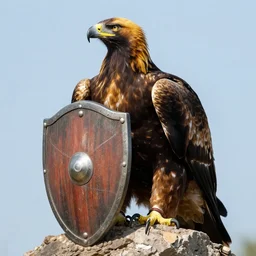 a golden eagle with a shield on its body