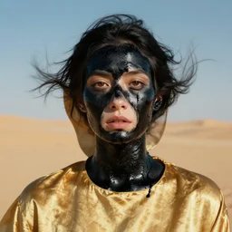 close up surrealist, psychedelic fashion portrait of woman in solid gold cloth, hyperrealistic facial features, covered in black oil liquid, in the windy desert by tim winton and wes anderson