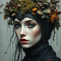 portrait of beautiful female model by irakli nadar, perfect face symmetry, with intricate detailed color smashing fluid oil paint and acrylic, dried moss and dried autumn leaves headdress, half face mask, haunting, elite, elegant, melting wax, mycelia, abstract impressionism, ruan jia, dark fantasy, hyper detailed, concept art, by gustav klimt,