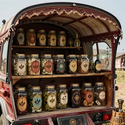 Inside an gypsy wagon, large jars on shelves, beautiful labels, fantasy vendor interior, wide angle, arkham horror, lovecraft illustration, cinematic, highly detailed, photorealistic, rich bright colors, trending on artstation, trending on cgsociety