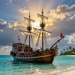 a 17th century pirate ship standing near the shores of a carribbean island