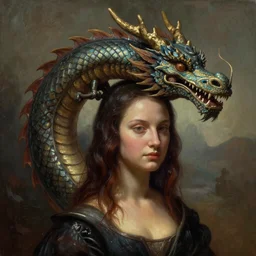a woman in a costume with a dragon on her head, an ultrafine detailed painting by Bastien Lecouffe-Deharme, featured on zbrush central, fantasy art, zbrush, detailed painting, ambient occlusion realistic cinematic style, filmed in 70mm, volumetric lighting, octane render, photographic, concept art, artist Leonardo DaVinci, unreal engine, 8k