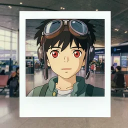 a polaroid full body portrait of a very shy 1 9 5 0's aviator disney style boy, red eyes, finely detailed features, closeup at the faces, perfect art, in the airport yard, gapmoe yandere grimdark, trending on pixiv fanbox and artstation, painted by greg rutkowski makoto shinkai takashi takeuchi studio ghibli, akihiko yoshida,