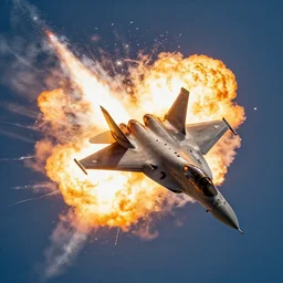 cinematic areal shot of a fighter jet exploding from the energy wave