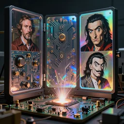 lasers, circuit board artifacts, holographic case display, a. i. artificial intelligence tech, ultrarealistic, futuristic, dramatic lighting, electrical details, high details, 4 k, 8 k, best, accurate, trending on artstation, photorealism, digital painting, style of peter mohrbacher, caravaggio, hajime sorayama, dali, boris vallejo