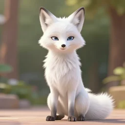 body shot of a anthropomorphic female fox with short white fur covering her body in the style of zootopia, far shot