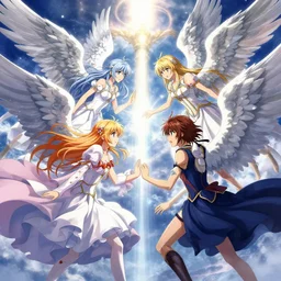 highly detailed anime angels fighting in heaven, pixiv atmospheric illustration