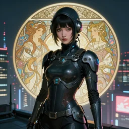 portrait futuristic Ninja Girl, in future cyberpunk tokyo rooftop , ssci-fi, fantasy, intricate, very very beautiful, elegant, neon light, highly detailed, digital painting, artstation, concept art, smooth, sharp focus, illustration, art by alphonse mucha and tian zi and WLOP
