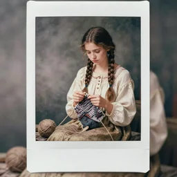 peasant girl with long braids sits and knits from yarn, Cottage core, Cinematic focus, Polaroid photo, vintage, neutral colors, soft lights, foggy, by Steve Hanks, by Serov Valentin, by lisa yuskavage, by Andrei Tarkovsky, by Terrence Malick, 8k render, detailed, oil on canvas
