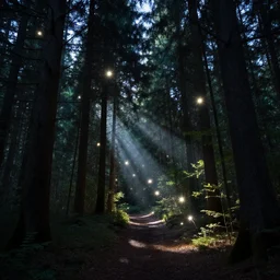 forest at night with floating lights by Jessica Rossier