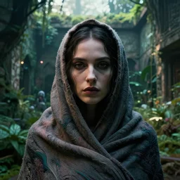 detailed face of a woman clothed and wrapped in textiles, lush, walled garden, utopian, tech noir, morning light, chiaroscuro, atmospheric, ambient, pj crook, syd mead, livia prima, artgerm, greg rutkowski, nick alm, casey baugh