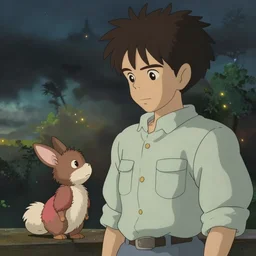 Nostalgia guy and small creature, made by Studio Ghibli, cinematic lighting, storm arriving, highly detailed art, beautiful scene, artstation trenidng, sharp focus, smooth