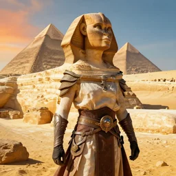 an epic fantasy photograhy of a big sphinx near the pyramids on an desert alien - planet, unreal 5, daz, hyperrealistic, octane render, cosplay, rpg portrait, dynamic lighting, intricate detail, harvest fall vibrancy, cinematic