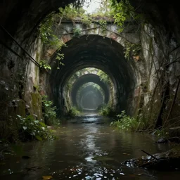 metro tunnels after apocalypse, overgrown, flooded, highly detailed, raytracing, octane, global illumination, unreal engine 5