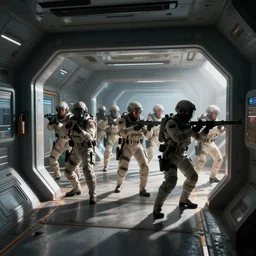 sci-fi action movie cinematography of space soldiers moving tactical formation through spaceship corridor. By Emmanuel Lubezki