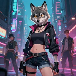 A portrait of a sexy anthropomorphic female wolf in skaterpunk clothes in a cyberpunk city, character art by Stanley Artgerm Lau, WLOP, Rossdraws, James Jean, Andrei Riabovitchev, Marc Simonetti, and Sakimichan, trending on artstation. furaffinity.