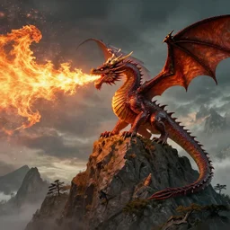 a dragon breathing fire on the top of a mountain, epic composition, detailed and intricate image, cinematic, 4 k