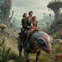 sharp, highly detailed, film from a 2 0 1 9 sci fi 8 k movie, set in 1 8 6 0, family riding on the back of an alien creature, across an alien landscape, full of strange wild alien plants, 1 8 6 0 s era clothes, atmospheric lighting, in focus, reflective eyes, 3 5 mm macro lens, live action, nice composition