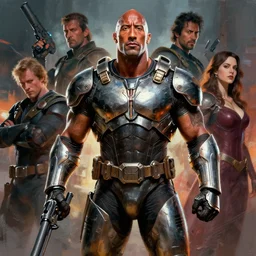 dwayne the rock johnson wearing metal gear armor holding gun dramatic lighting art by brandon anschultz by yoji shinkawa by richard schmid by greg rutkowski by sandra chevrier by jeremy lipking cinematic dramatic brush strokes background